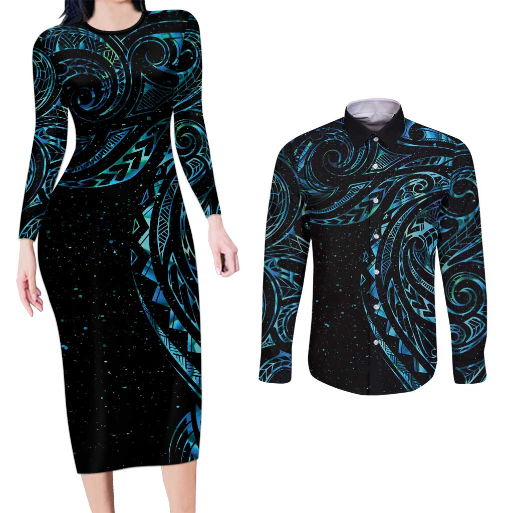 New Zealand Tribal Tattoo Couples Matching Long Sleeve Bodycon Dress and Long Sleeve Button Shirt With Matariki Art