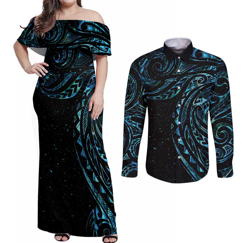 New Zealand Tribal Tattoo Couples Matching Off Shoulder Maxi Dress and Long Sleeve Button Shirt With Matariki Art