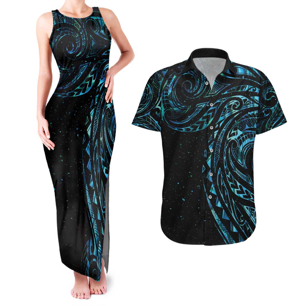 New Zealand Tribal Tattoo Couples Matching Tank Maxi Dress and Hawaiian Shirt With Matariki Art