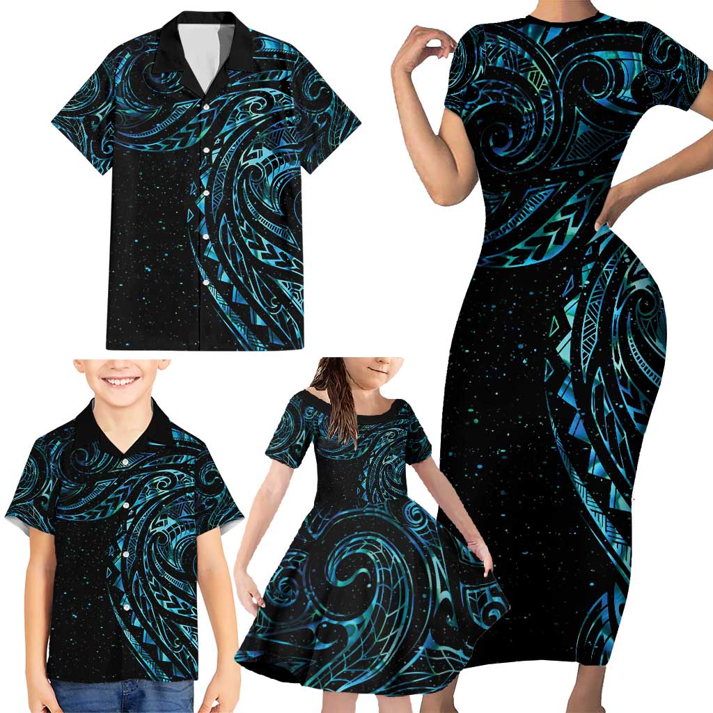 New Zealand Tribal Tattoo Family Matching Short Sleeve Bodycon Dress and Hawaiian Shirt With Matariki Art