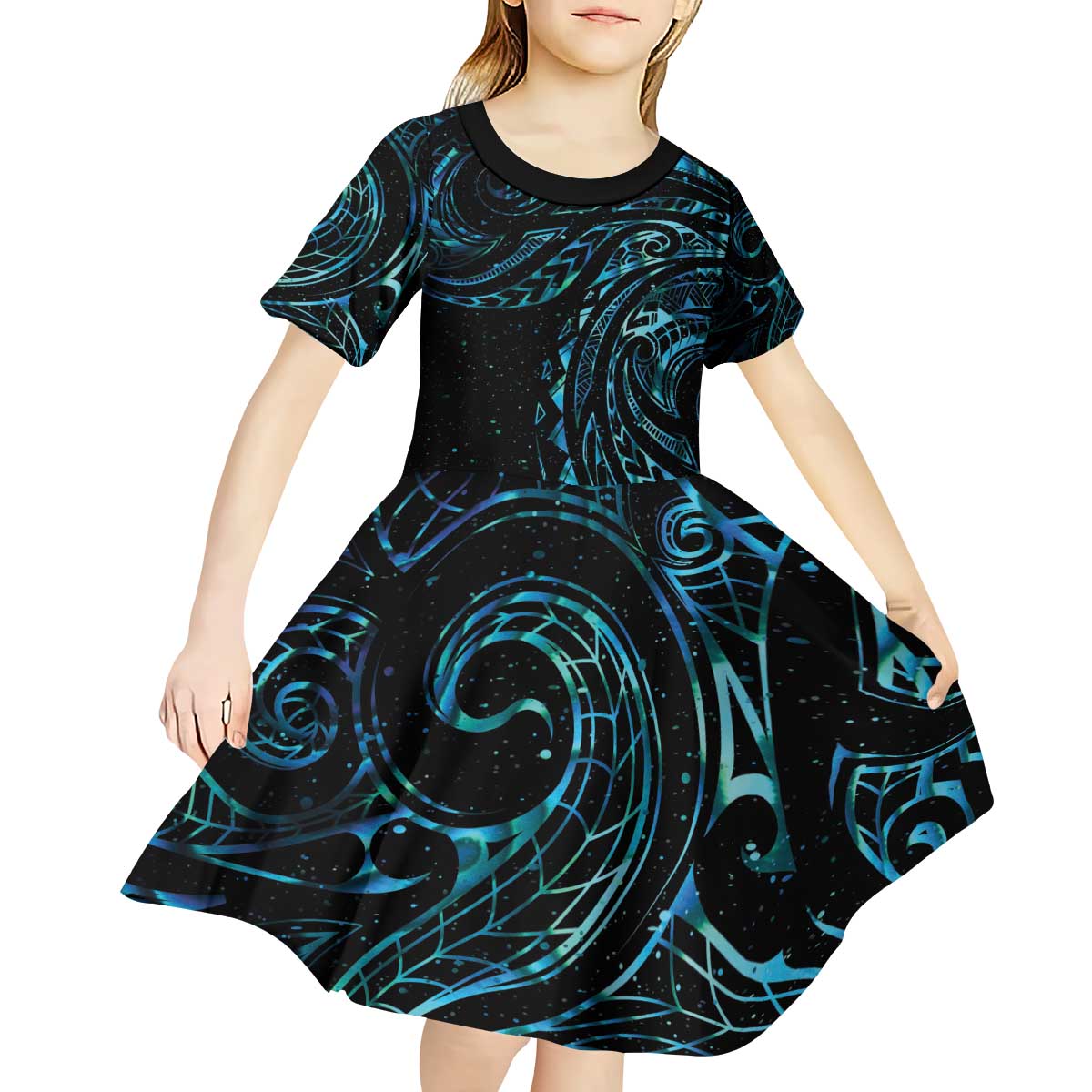 New Zealand Tribal Tattoo Kid Short Sleeve Dress With Matariki Art
