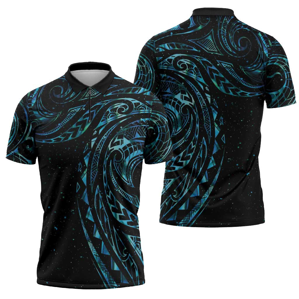 New Zealand Matariki Zipper Polo Shirt Galaxy Maori Tribal Tattoo - Polynesian Pride