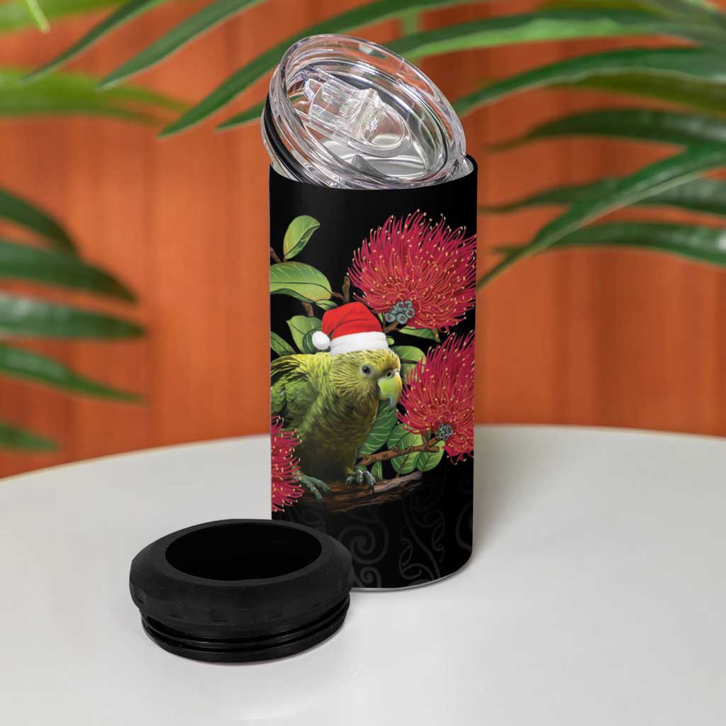 New Zealand Kakapo Christmas 4 in 1 Can Cooler Tumbler Meri Kirihimete Pohutukawa Flowers