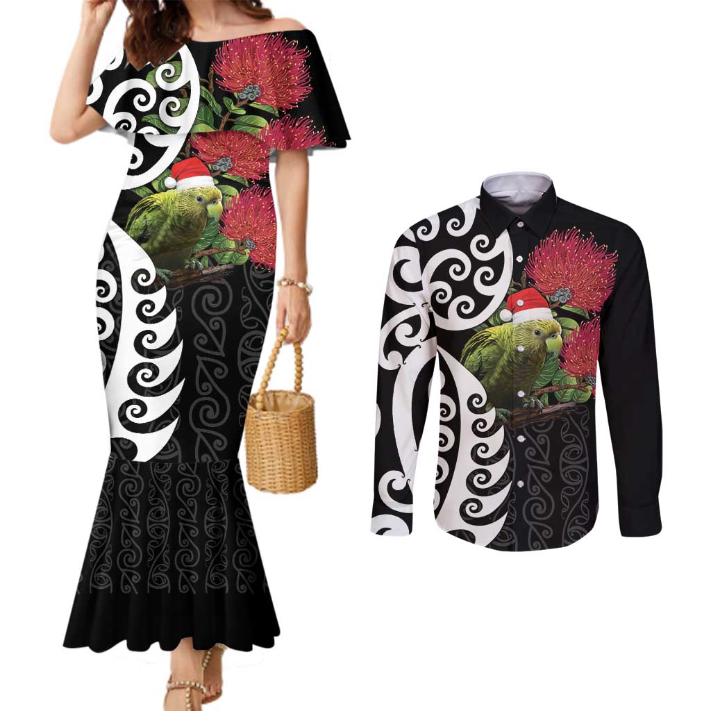 New Zealand Kakapo Christmas Couples Matching Mermaid Dress and Long Sleeve Button Shirt Meri Kirihimete Pohutukawa Flowers