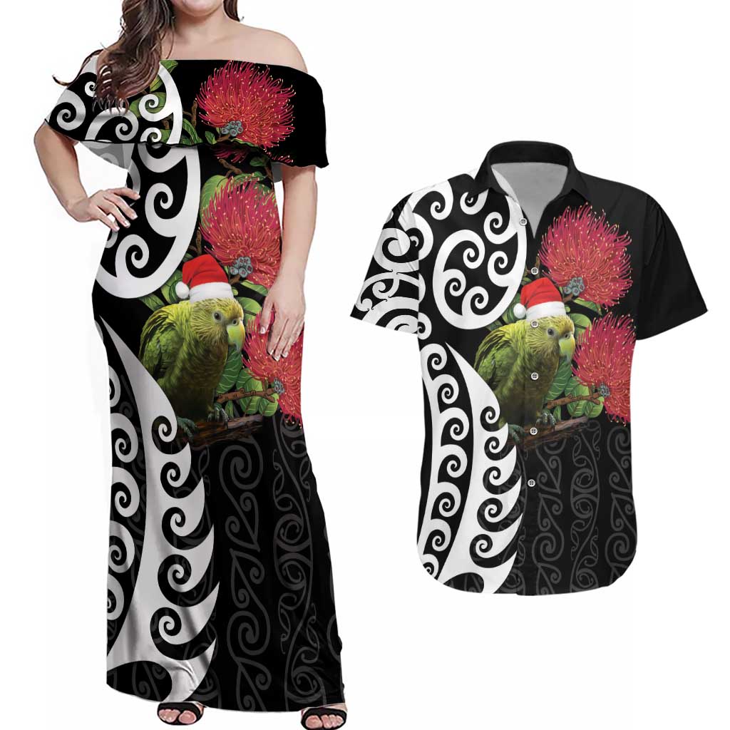 New Zealand Kakapo Christmas Couples Matching Off Shoulder Maxi Dress and Hawaiian Shirt Meri Kirihimete Pohutukawa Flowers