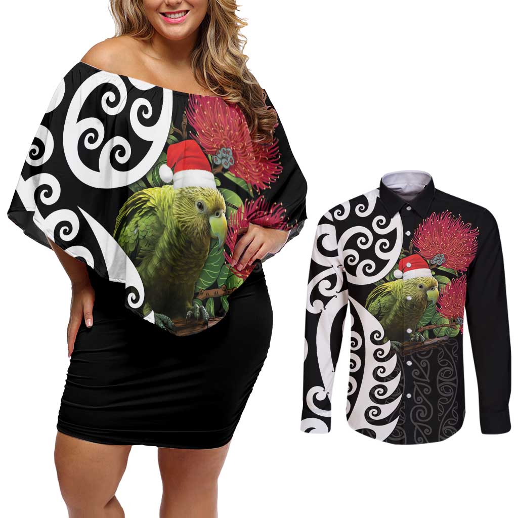 New Zealand Kakapo Christmas Couples Matching Off Shoulder Short Dress and Long Sleeve Button Shirt Meri Kirihimete Pohutukawa Flowers