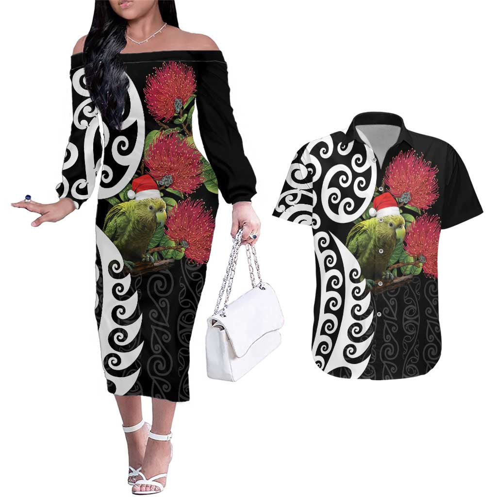 New Zealand Kakapo Christmas Couples Matching Off The Shoulder Long Sleeve Dress and Hawaiian Shirt Meri Kirihimete Pohutukawa Flowers