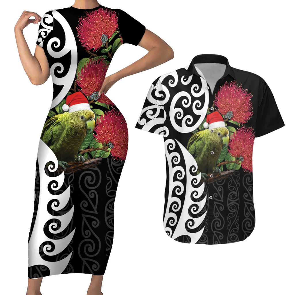 New Zealand Kakapo Christmas Couples Matching Short Sleeve Bodycon Dress and Hawaiian Shirt Meri Kirihimete Pohutukawa Flowers LT9 Black - Polynesian Pride