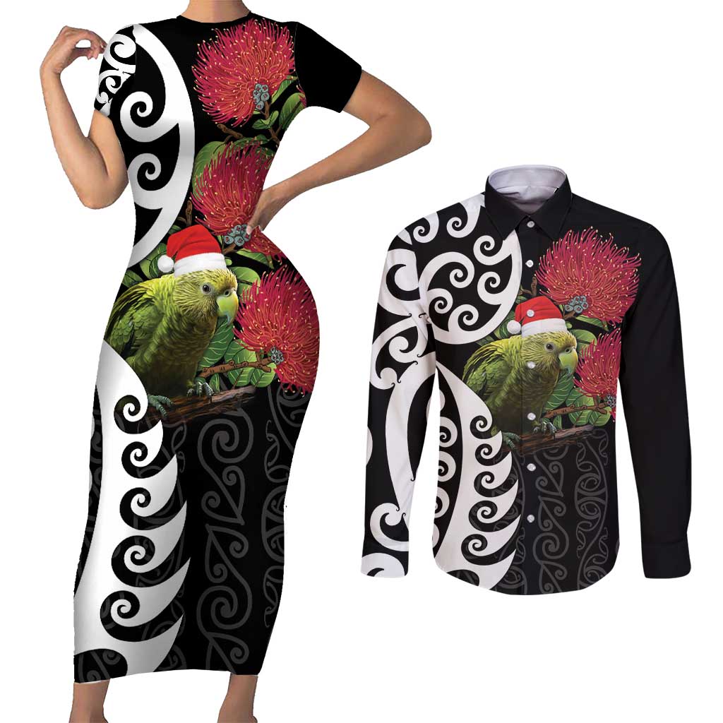 New Zealand Kakapo Christmas Couples Matching Short Sleeve Bodycon Dress and Long Sleeve Button Shirt Meri Kirihimete Pohutukawa Flowers