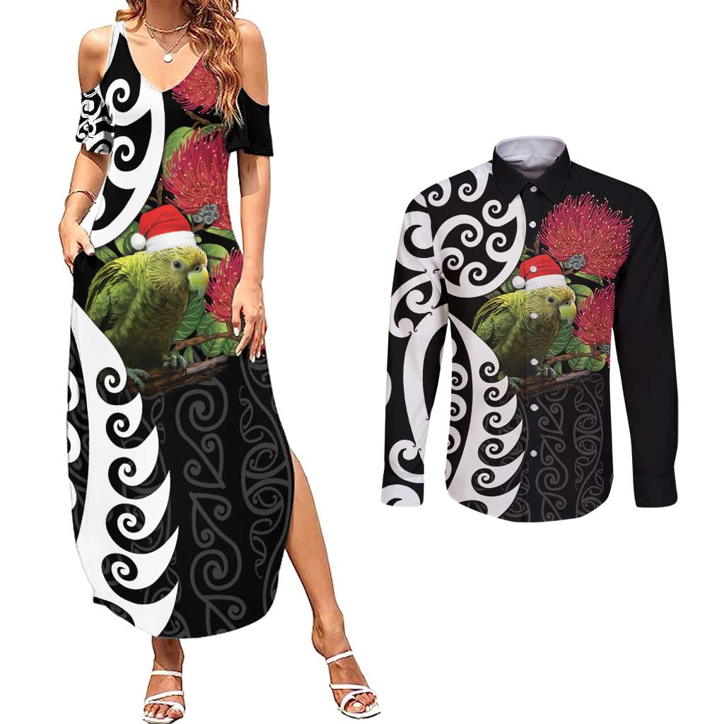 New Zealand Kakapo Christmas Couples Matching Summer Maxi Dress and Long Sleeve Button Shirt Meri Kirihimete Pohutukawa Flowers