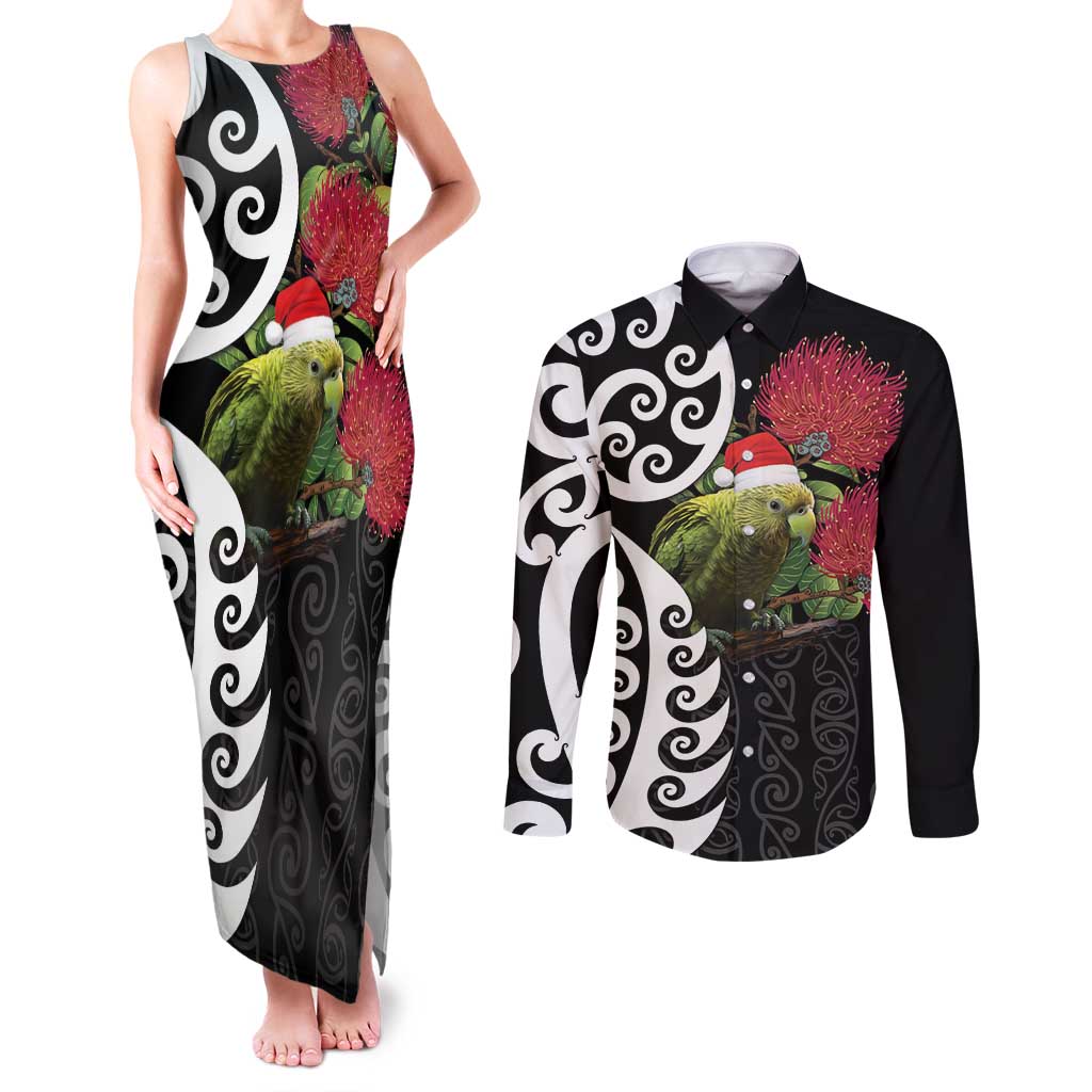 New Zealand Kakapo Christmas Couples Matching Tank Maxi Dress and Long Sleeve Button Shirt Meri Kirihimete Pohutukawa Flowers