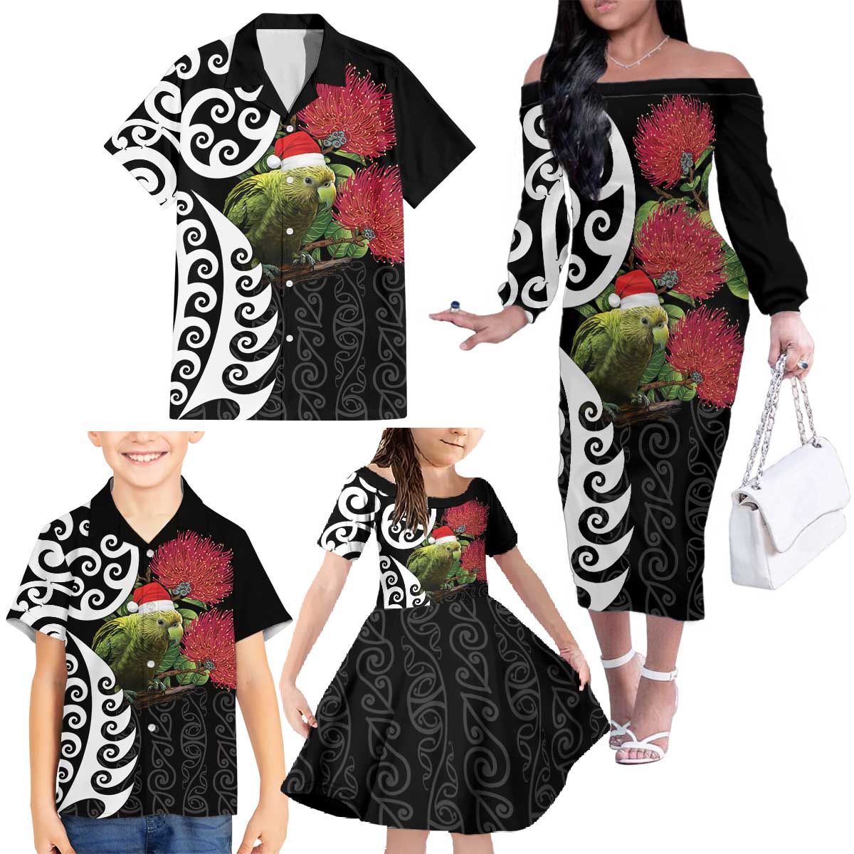 New Zealand Kakapo Christmas Family Matching Off The Shoulder Long Sleeve Dress and Hawaiian Shirt Meri Kirihimete Pohutukawa Flowers