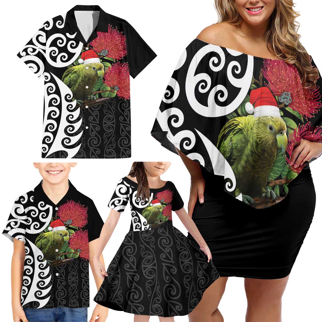 New Zealand Kakapo Christmas Family Matching Off Shoulder Short Dress and Hawaiian Shirt Meri Kirihimete Pohutukawa Flowers