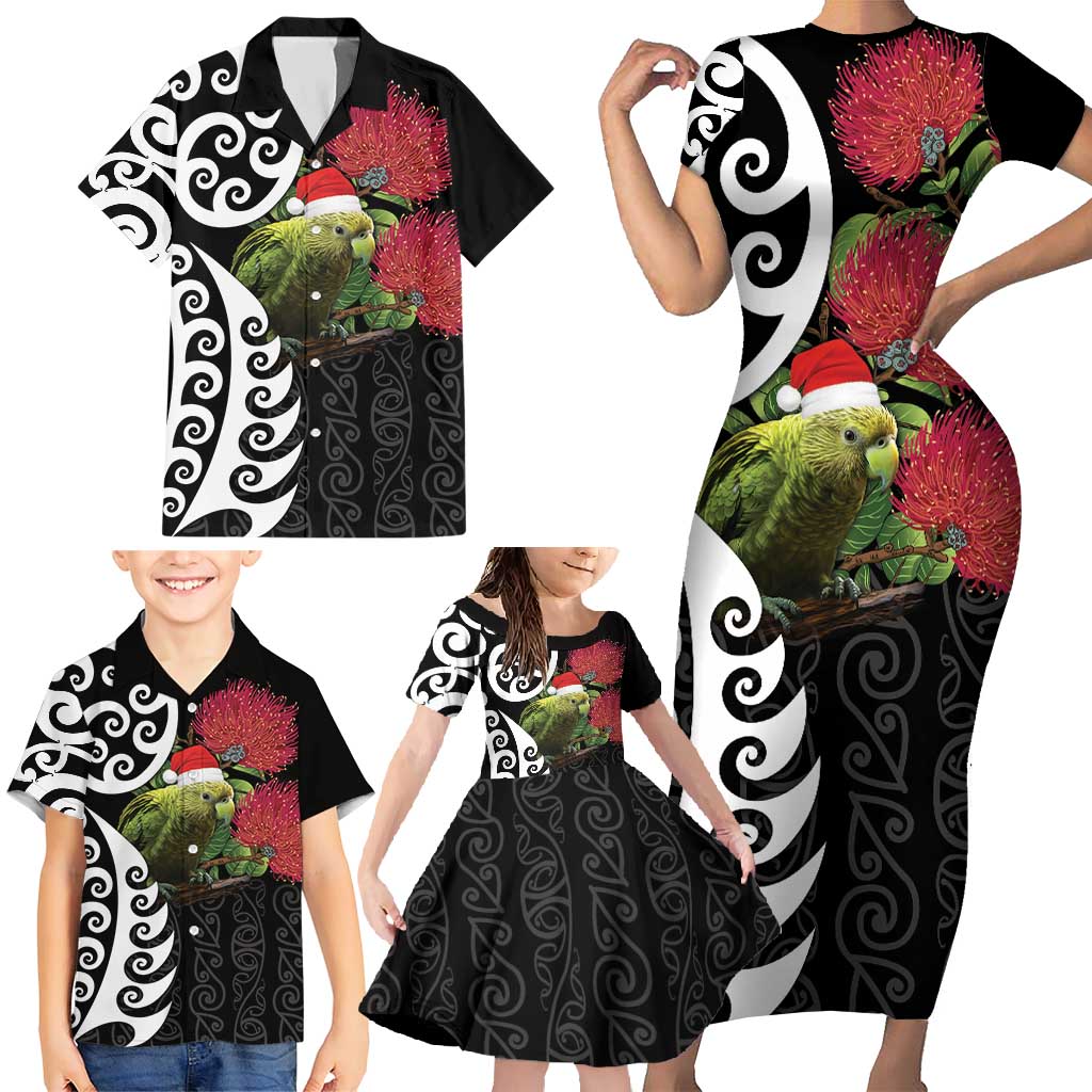 New Zealand Kakapo Christmas Family Matching Short Sleeve Bodycon Dress and Hawaiian Shirt Meri Kirihimete Pohutukawa Flowers