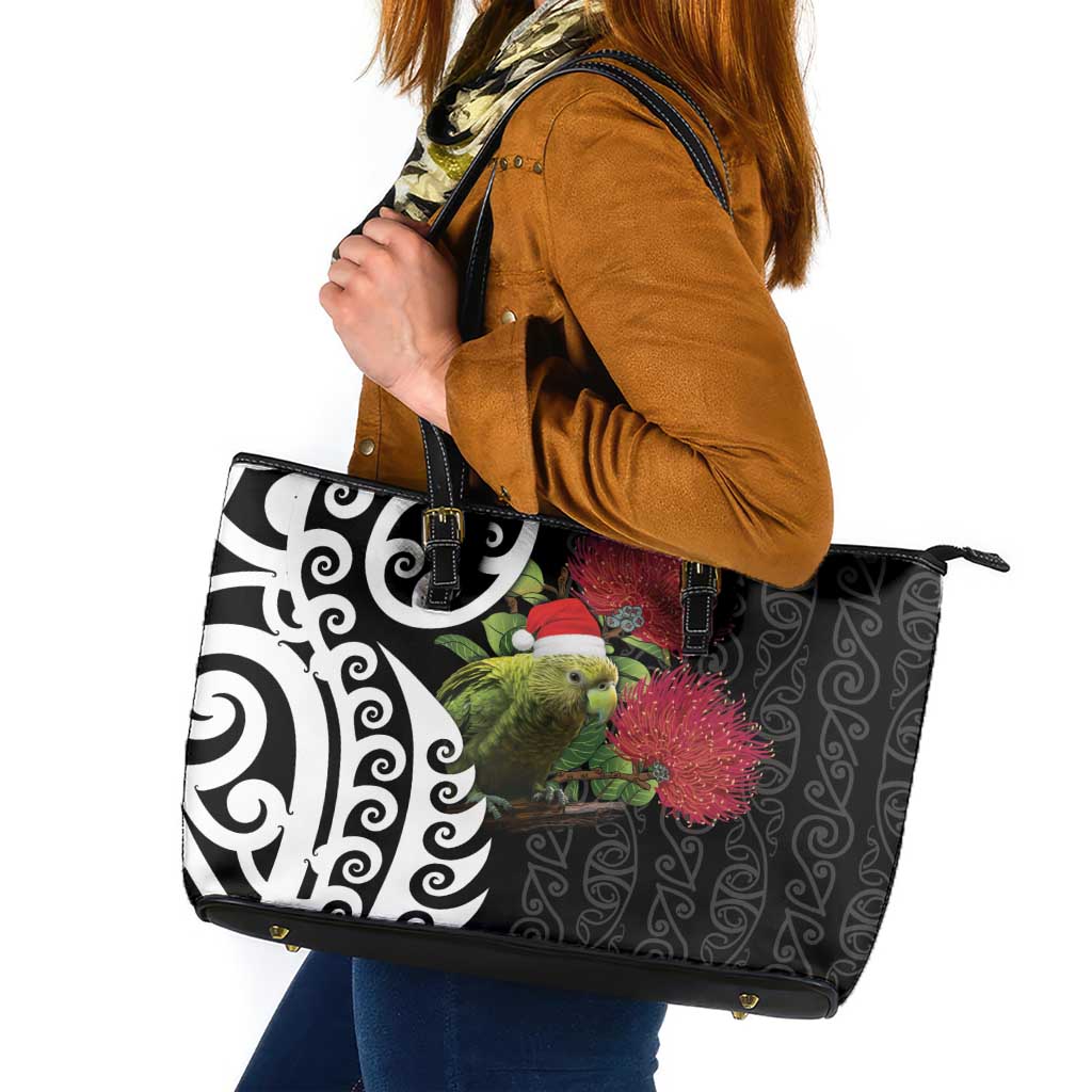 New Zealand Kakapo Christmas Leather Tote Bag Meri Kirihimete Pohutukawa Flowers LT9 Black - Polynesian Pride