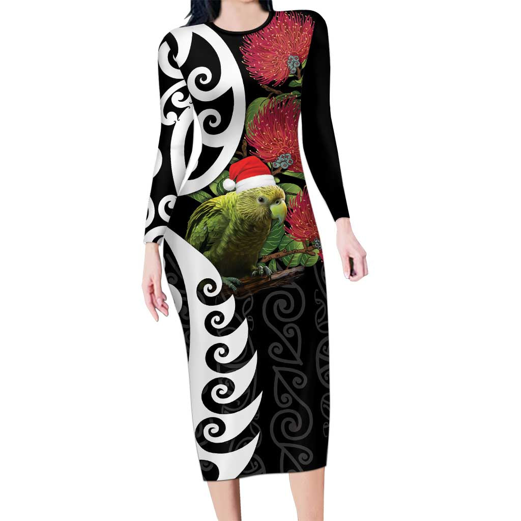 New Zealand Kakapo Christmas Long Sleeve Bodycon Dress Meri Kirihimete Pohutukawa Flowers