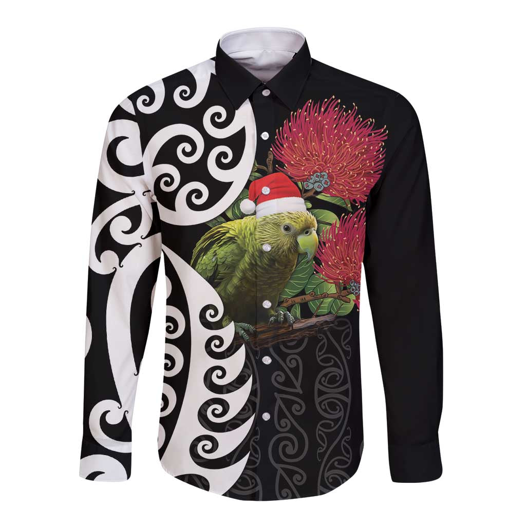 New Zealand Kakapo Christmas Long Sleeve Button Shirt Meri Kirihimete Pohutukawa Flowers