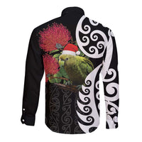 New Zealand Kakapo Christmas Long Sleeve Button Shirt Meri Kirihimete Pohutukawa Flowers
