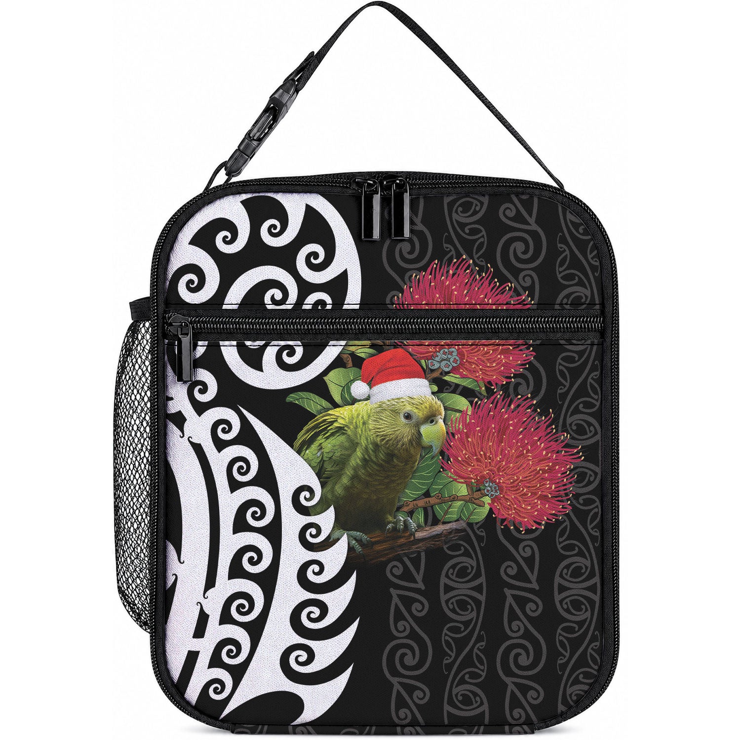 New Zealand Kakapo Christmas Lunch Bag Meri Kirihimete Pohutukawa Flowers LT9 10.2 × 8.3 × 4.3 inch Black - Polynesian Pride