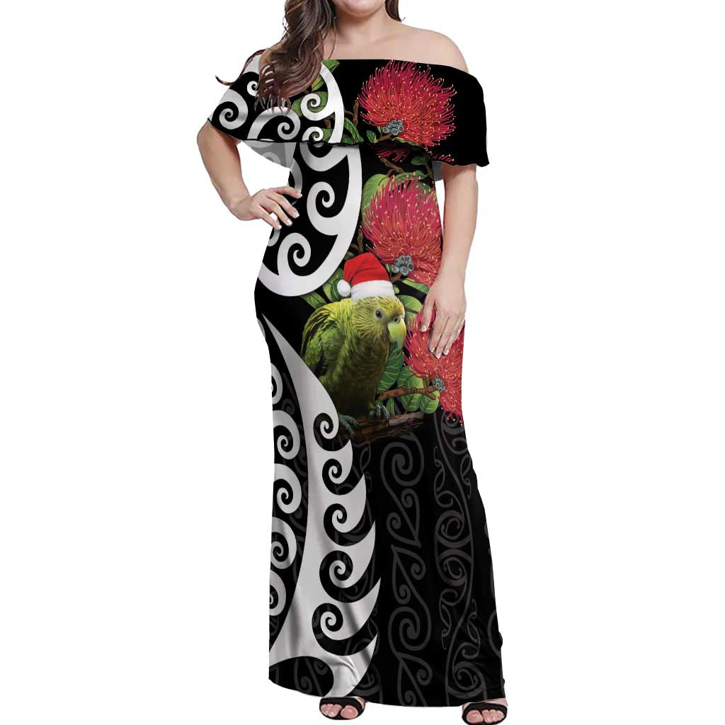 New Zealand Kakapo Christmas Off Shoulder Maxi Dress Meri Kirihimete Pohutukawa Flowers