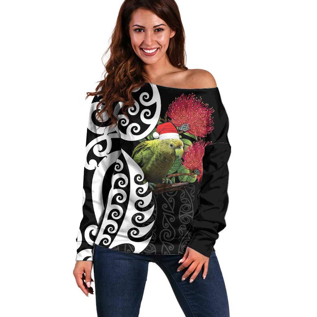 New Zealand Kakapo Christmas Off Shoulder Sweater Meri Kirihimete Pohutukawa Flowers