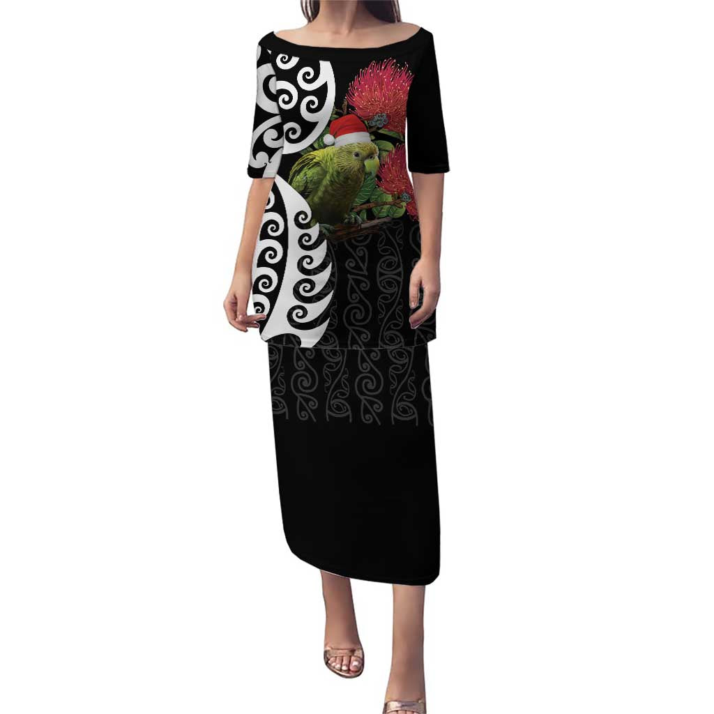 New Zealand Kakapo Christmas Puletasi Meri Kirihimete Pohutukawa Flowers LT9 Long Dress Black - Polynesian Pride