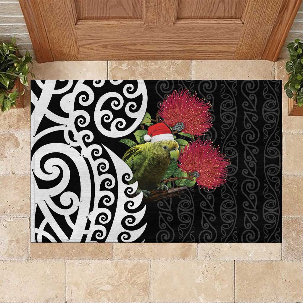 New Zealand Kakapo Christmas Rubber Doormat Meri Kirihimete Pohutukawa Flowers LT9 Black - Polynesian Pride