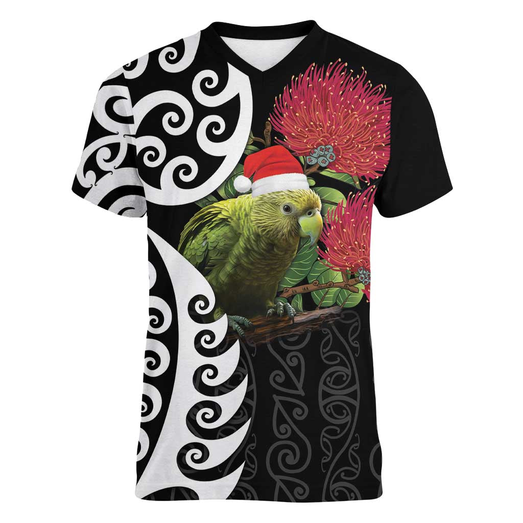 New Zealand Kakapo Christmas Women V-Neck T-Shirt Meri Kirihimete Pohutukawa Flowers