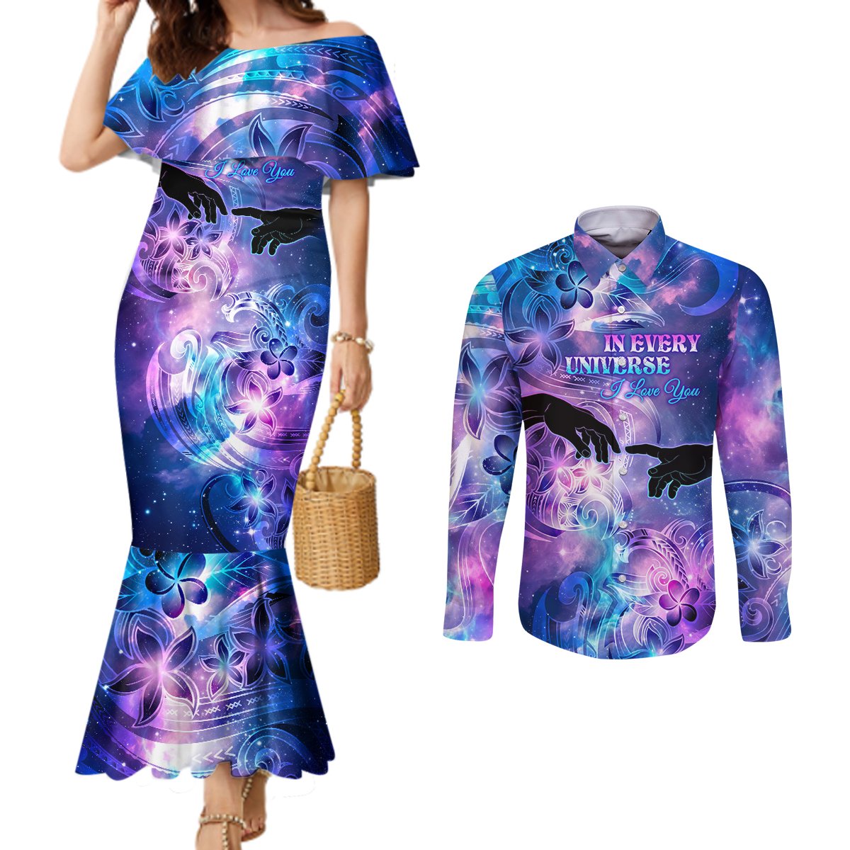 I Love You In Every Universe Personalised Couples Matching Mermaid Dress and Long Sleeve Button Shirt Polynesian Pattern Galaxy Style LT9 Galaxy - Polynesian Pride