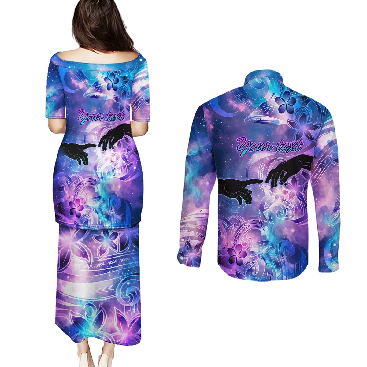 I Love You In Every Universe Personalised Couples Matching Puletasi Dress and Long Sleeve Button Shirt Polynesian Pattern Galaxy Style LT9 - Polynesian Pride