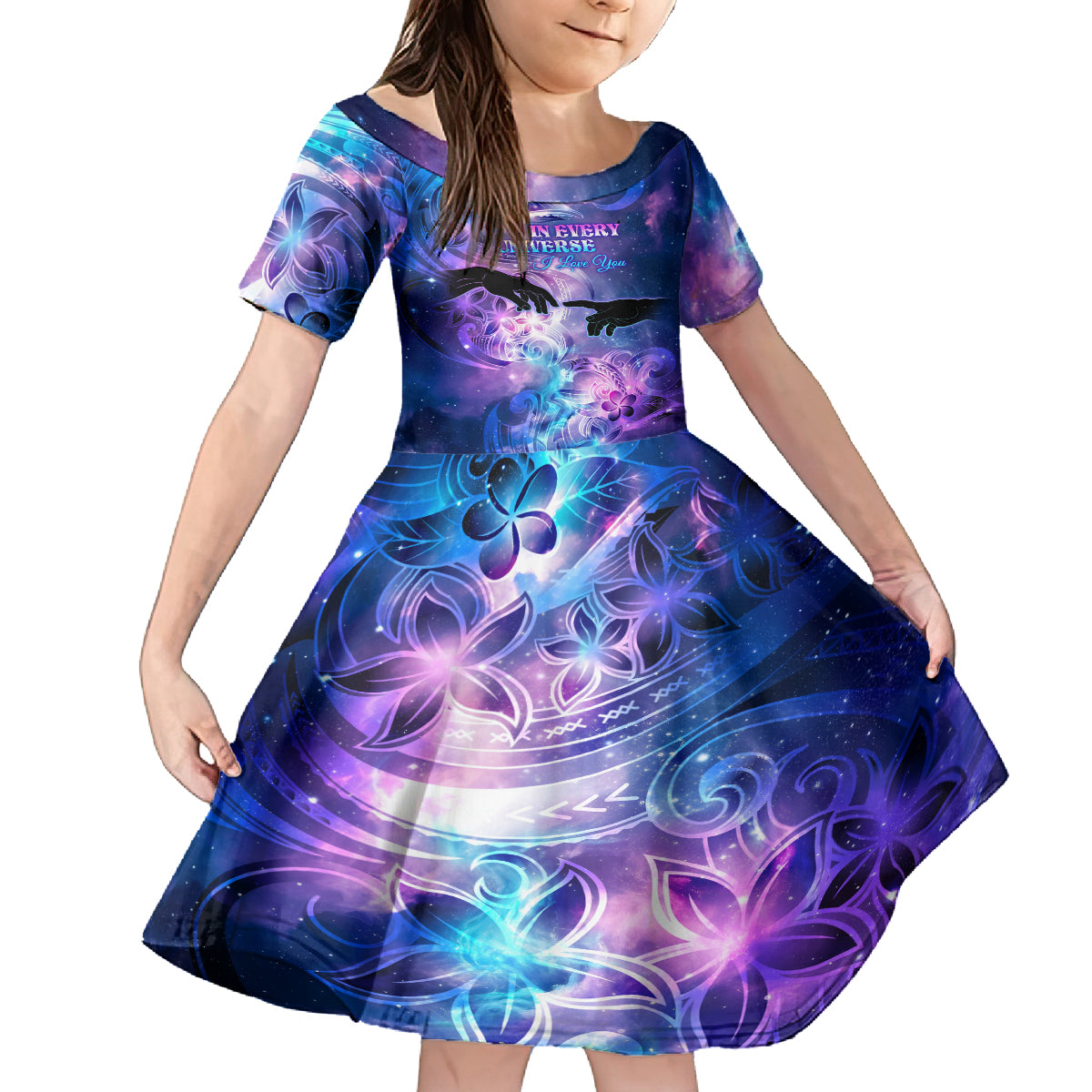 I Love You In Every Universe Personalised Family Matching Off Shoulder Long Sleeve Dress and Hawaiian Shirt Polynesian Pattern Galaxy Style LT9 Daughter's Dress Galaxy - Polynesian Pride