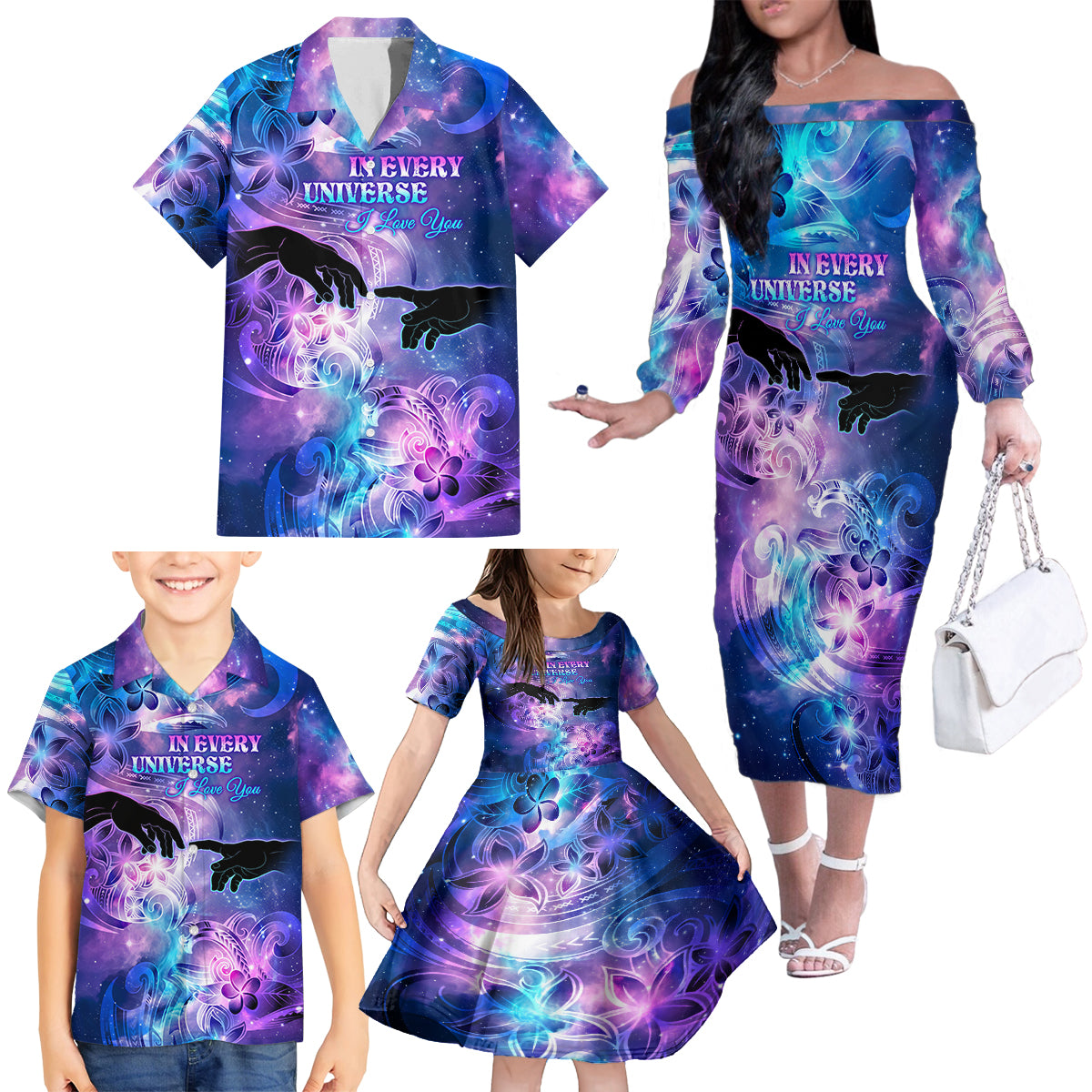 I Love You In Every Universe Personalised Family Matching Off Shoulder Long Sleeve Dress and Hawaiian Shirt Polynesian Pattern Galaxy Style LT9 - Polynesian Pride