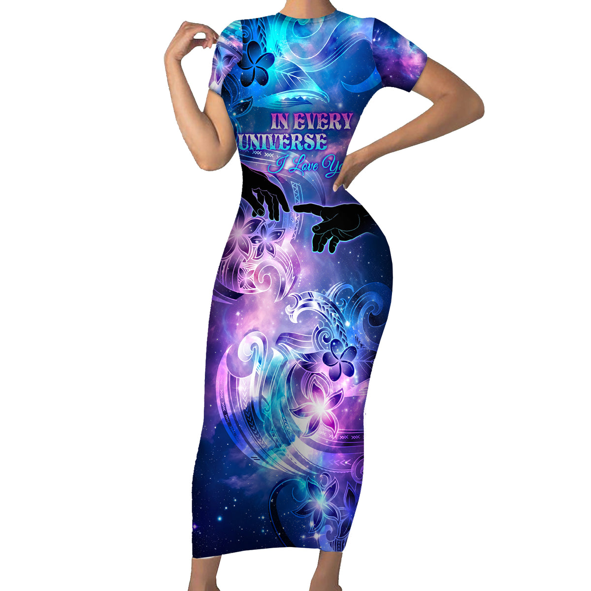 I Love You In Every Universe Personalised Short Sleeve Bodycon Dress Polynesian Pattern Galaxy Style LT9 Long Dress Galaxy - Polynesian Pride