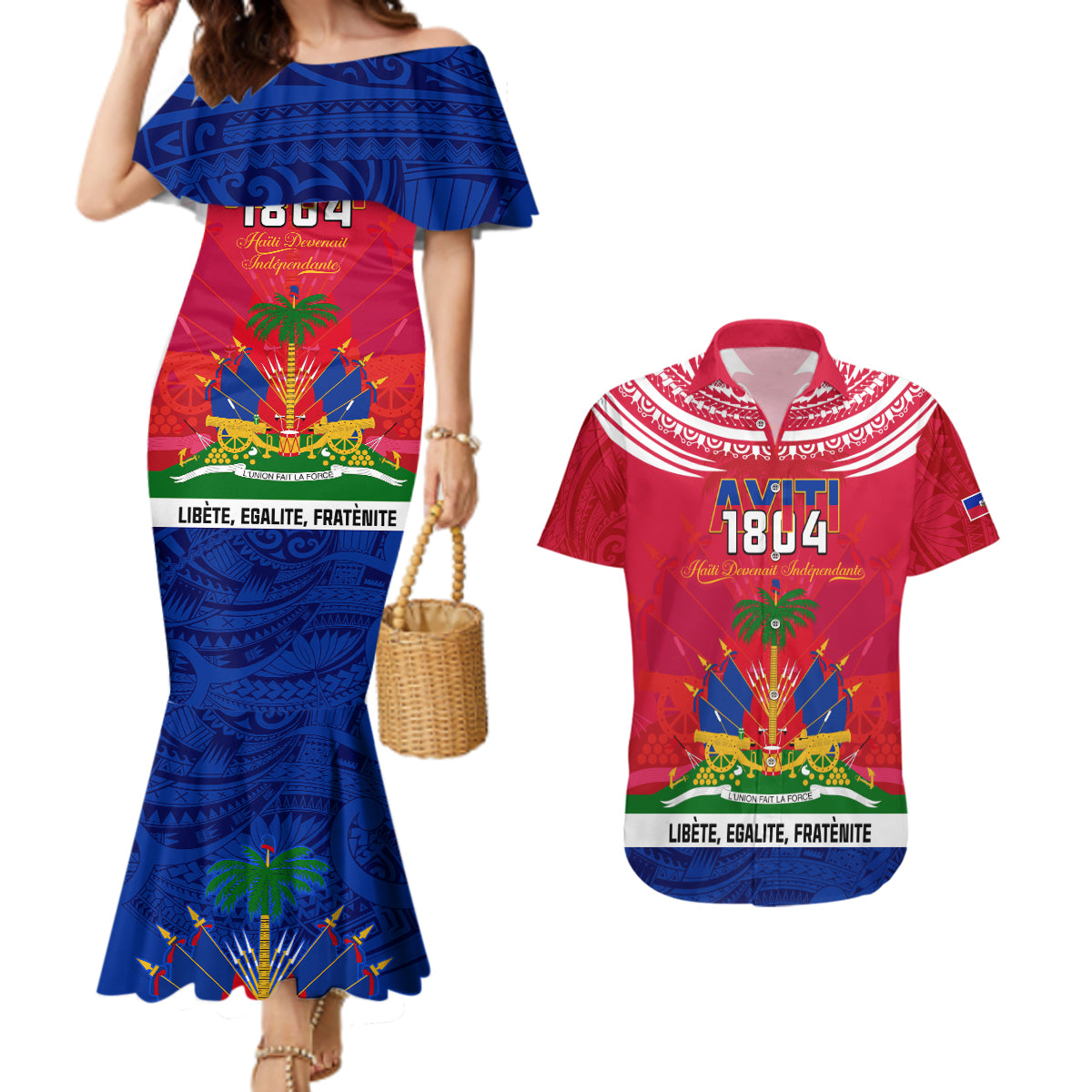 Haiti Independence Day Couples Matching Mermaid Dress and Hawaiian Shirt Libete Egalite Fratenite Ayiti 1804 With Polynesian Pattern LT9 Red - Polynesian Pride