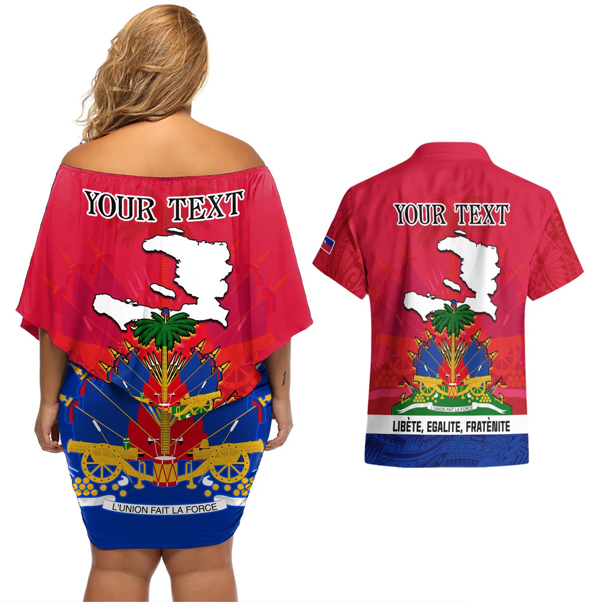 Haiti Independence Day Couples Matching Off Shoulder Short Dress and Hawaiian Shirt Libete Egalite Fratenite Ayiti 1804 With Polynesian Pattern LT9 - Polynesian Pride