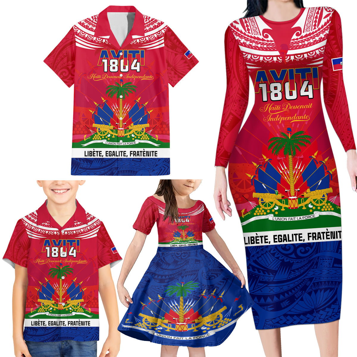 Haiti Independence Day Family Matching Long Sleeve Bodycon Dress and Hawaiian Shirt Libete Egalite Fratenite Ayiti 1804 With Polynesian Pattern LT9 - Polynesian Pride