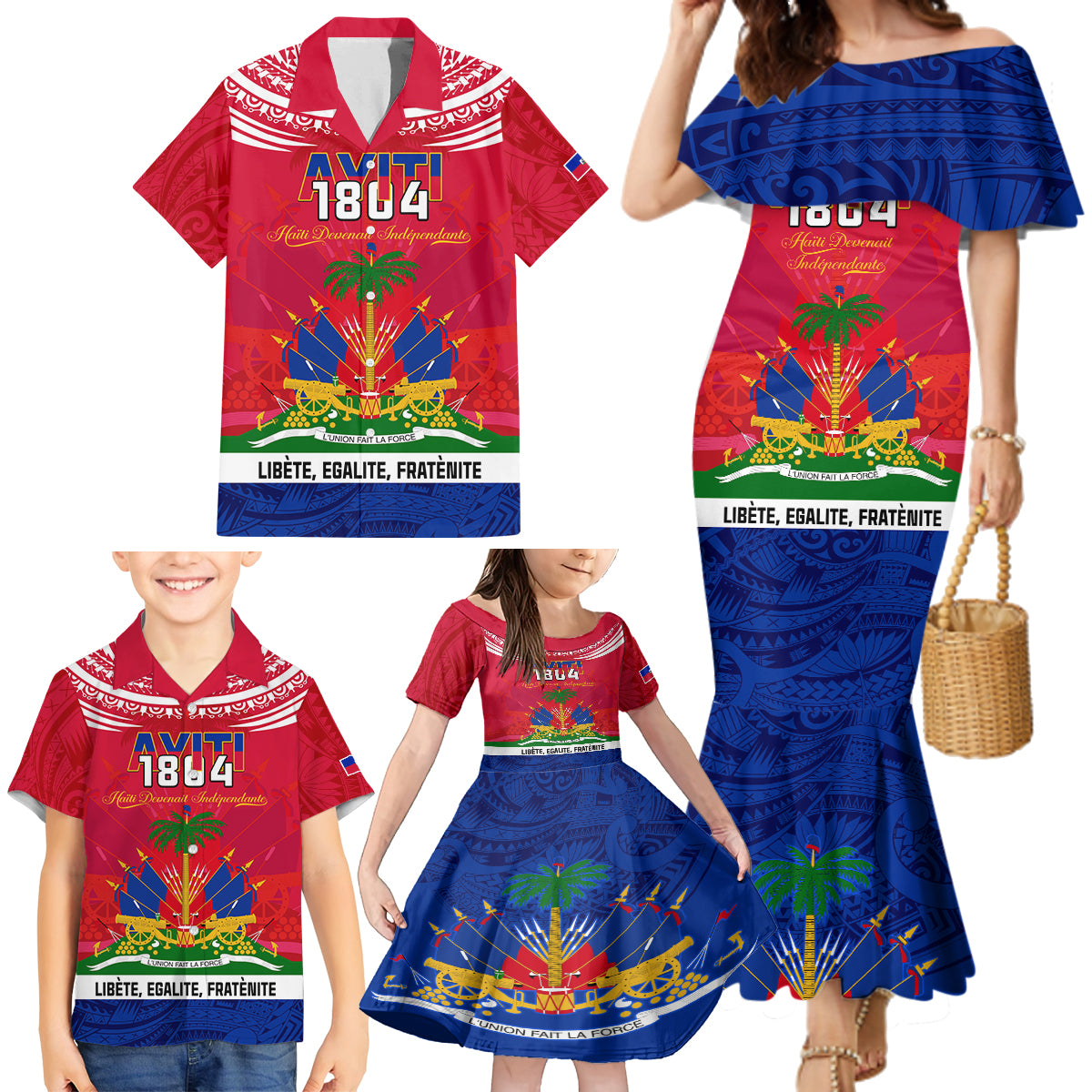 Haiti Independence Day Family Matching Mermaid Dress and Hawaiian Shirt Libete Egalite Fratenite Ayiti 1804 With Polynesian Pattern LT9 - Polynesian Pride