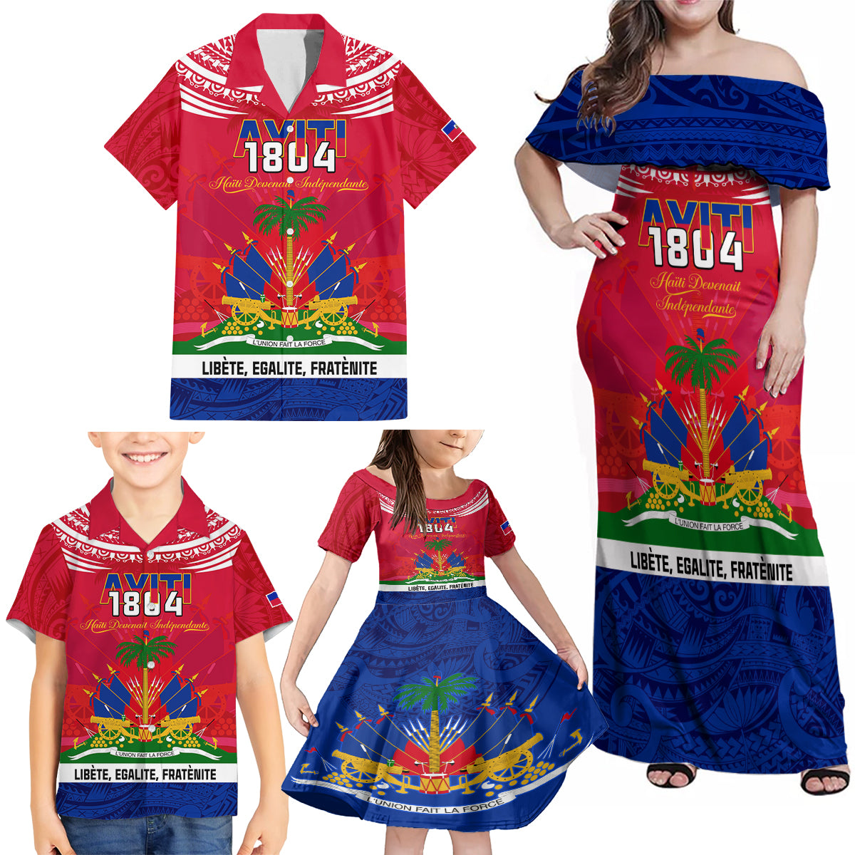 Haiti Independence Day Family Matching Off Shoulder Maxi Dress and Hawaiian Shirt Libete Egalite Fratenite Ayiti 1804 With Polynesian Pattern LT9 - Polynesian Pride