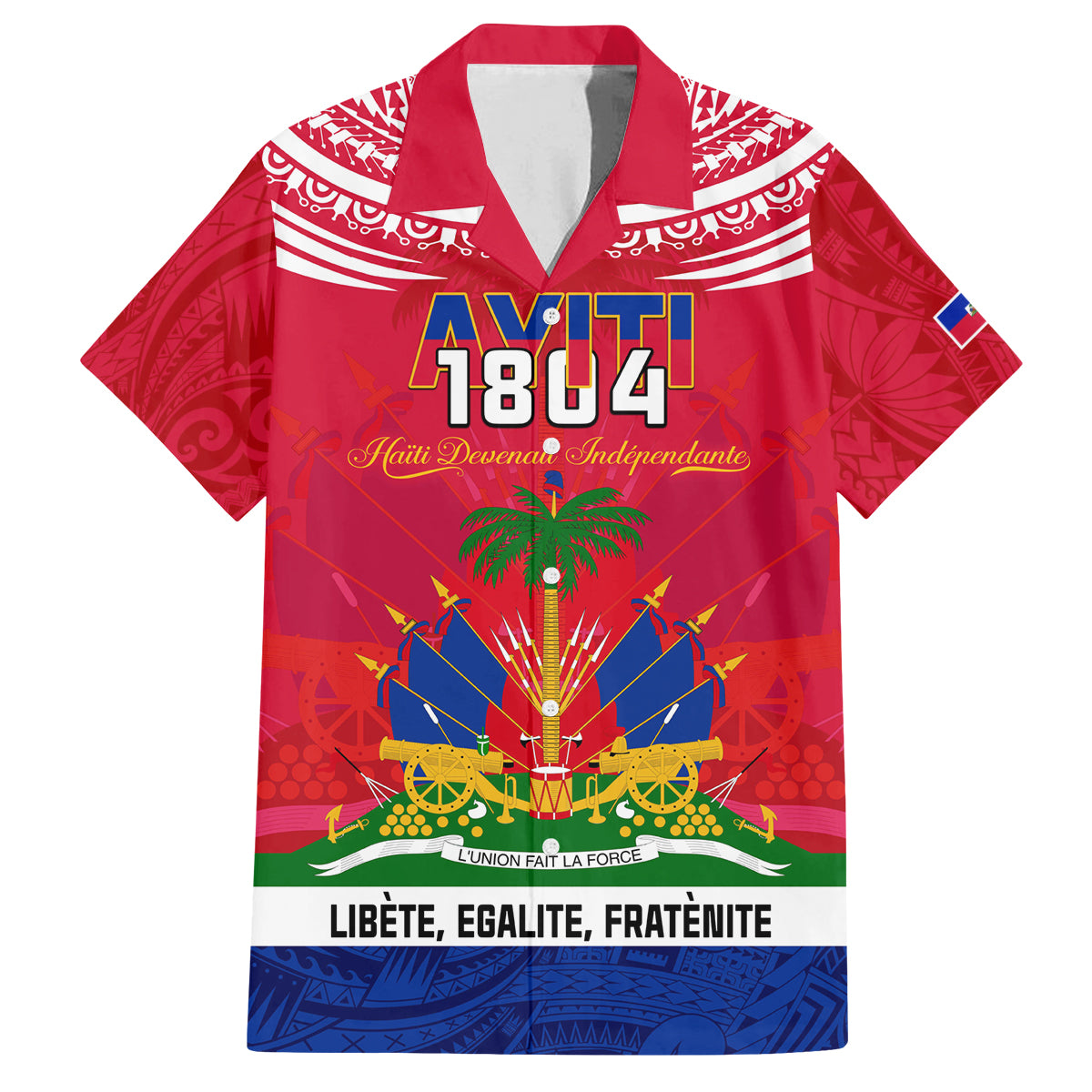 Haiti Independence Day Family Matching Off Shoulder Maxi Dress and Hawaiian Shirt Libete Egalite Fratenite Ayiti 1804 With Polynesian Pattern LT9 Dad's Shirt - Short Sleeve Red - Polynesian Pride