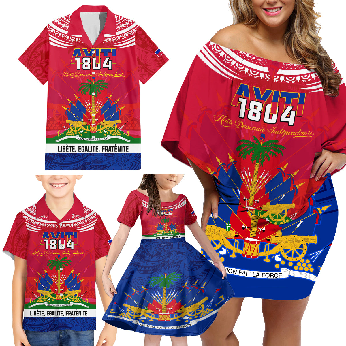 Haiti Independence Day Family Matching Off Shoulder Short Dress and Hawaiian Shirt Libete Egalite Fratenite Ayiti 1804 With Polynesian Pattern LT9 - Polynesian Pride