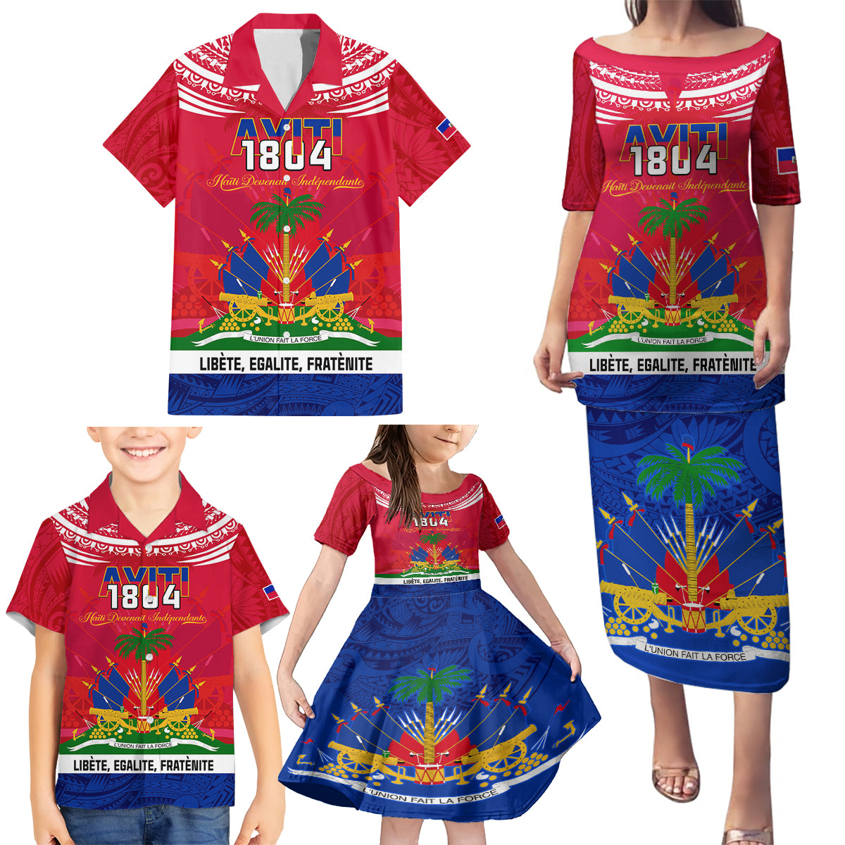 Haiti Independence Day Family Matching Puletasi Dress and Hawaiian Shirt Libete Egalite Fratenite Ayiti 1804 With Polynesian Pattern LT9 - Polynesian Pride