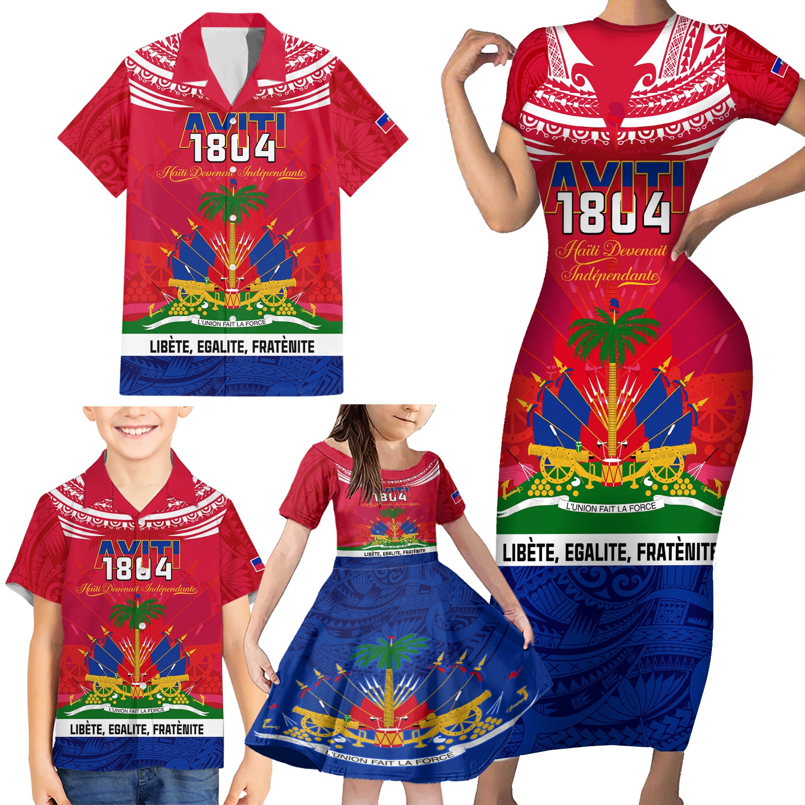 Haiti Independence Day Family Matching Short Sleeve Bodycon Dress and Hawaiian Shirt Libete Egalite Fratenite Ayiti 1804 With Polynesian Pattern LT9 - Polynesian Pride