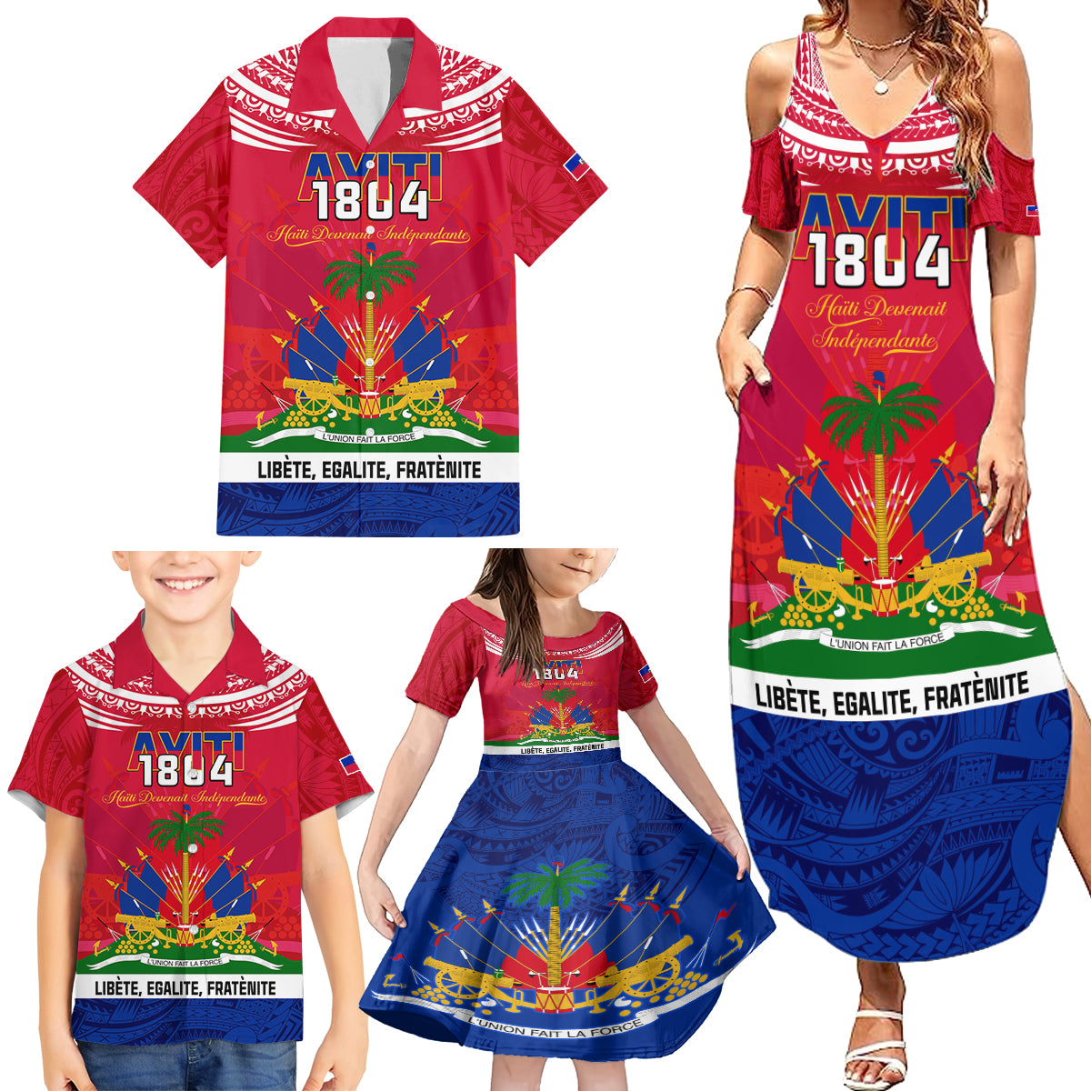 Haiti Independence Day Family Matching Summer Maxi Dress and Hawaiian Shirt Libete Egalite Fratenite Ayiti 1804 With Polynesian Pattern LT9 - Polynesian Pride