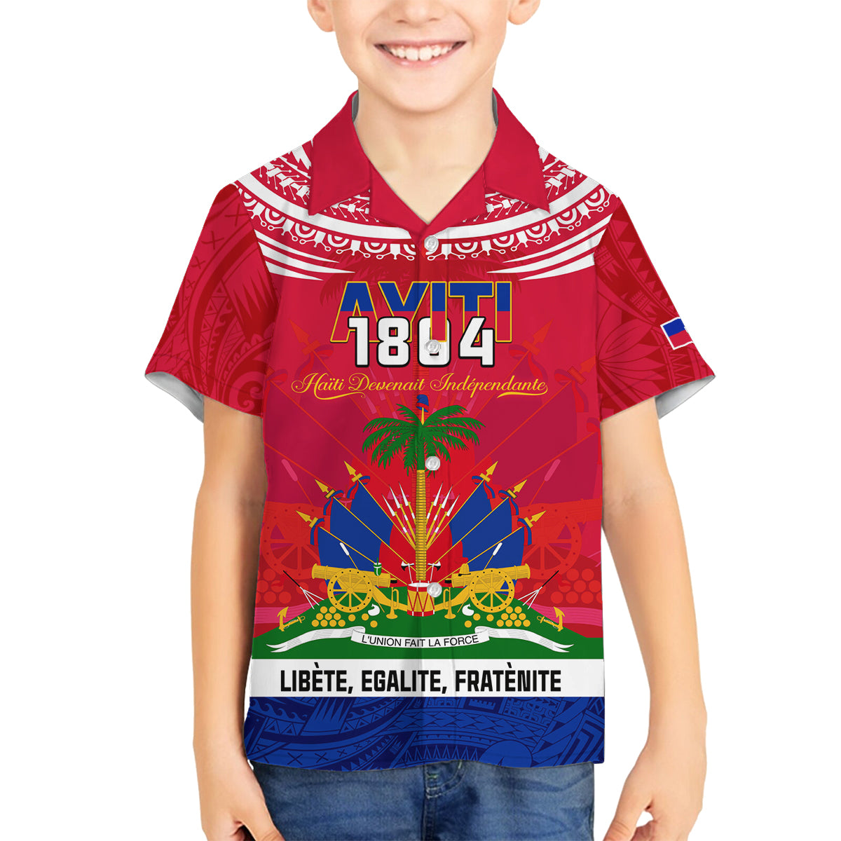 Haiti Independence Day Family Matching Tank Maxi Dress and Hawaiian Shirt Libete Egalite Fratenite Ayiti 1804 With Polynesian Pattern LT9 Son's Shirt Red - Polynesian Pride