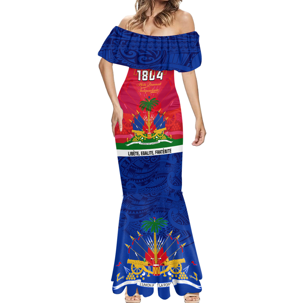 Haiti Independence Day Mermaid Dress Libete Egalite Fratenite Ayiti 1804 With Polynesian Pattern LT9 - Polynesian Pride