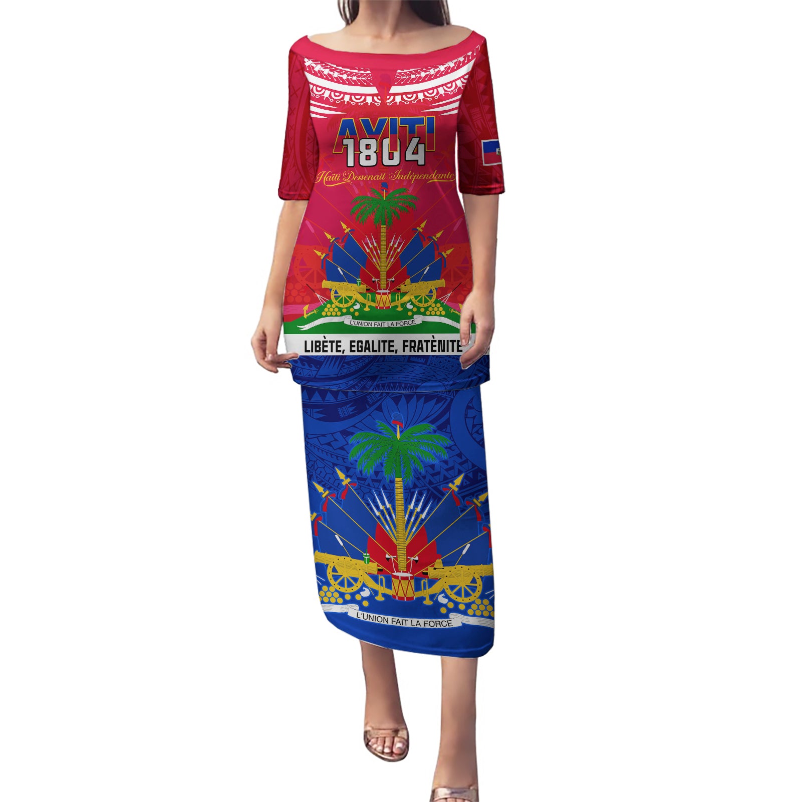 Haiti Independence Day Puletasi Libete Egalite Fratenite Ayiti 1804 With Polynesian Pattern LT9 Long Dress Red - Polynesian Pride