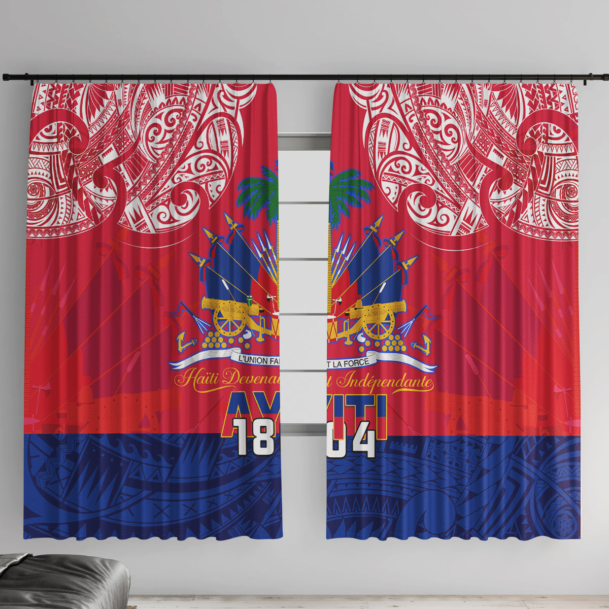 Haiti Independence Day Window Curtain Libete Egalite Fratenite Ayiti 1804 With Polynesian Pattern LT9 With Hooks Red - Polynesian Pride