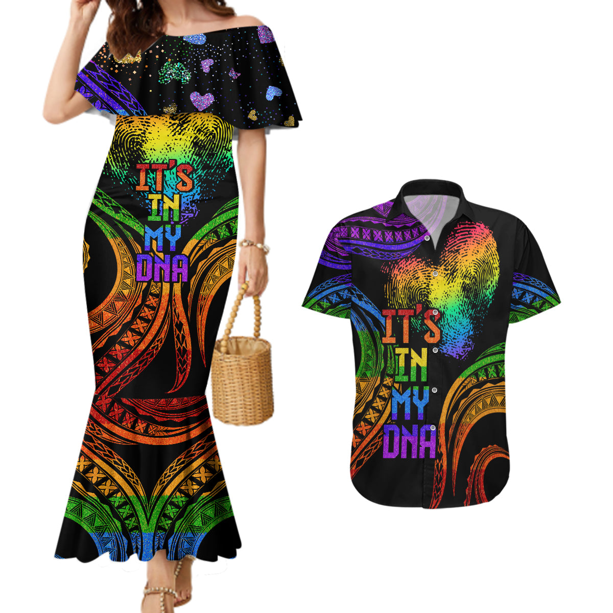 Personalised Its In My DNA Valentine Day Couples Matching Mermaid Dress and Hawaiian Shirt Fingerprint Heart with Color Pride Flag LT9 - Polynesian Pride