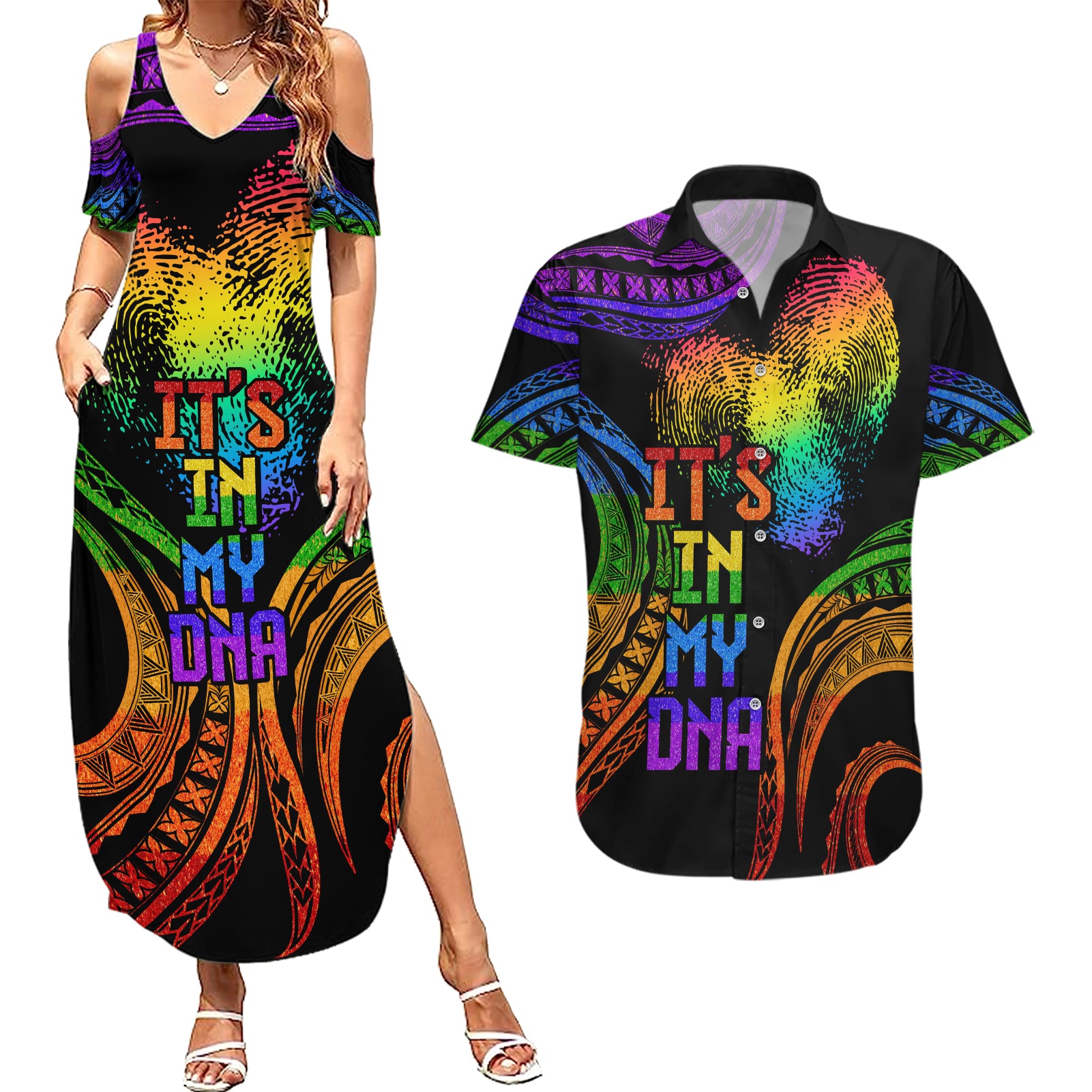 Personalised Its In My DNA Valentine Day Couples Matching Summer Maxi Dress and Hawaiian Shirt Fingerprint Heart with Color Pride Flag LT9 - Polynesian Pride