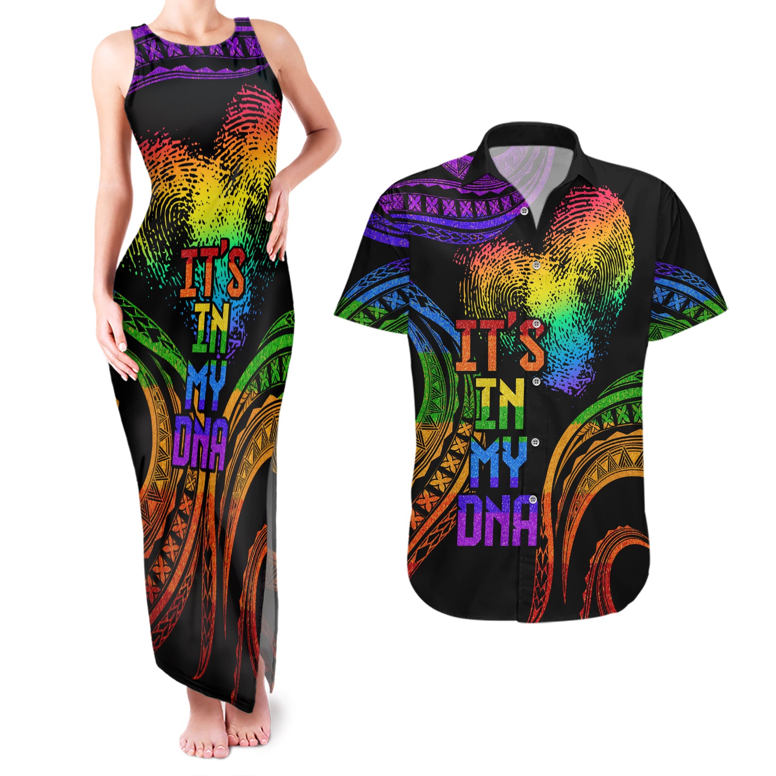 Personalised Its In My DNA Valentine Day Couples Matching Tank Maxi Dress and Hawaiian Shirt Fingerprint Heart with Color Pride Flag LT9 No Dress - Polynesian Pride